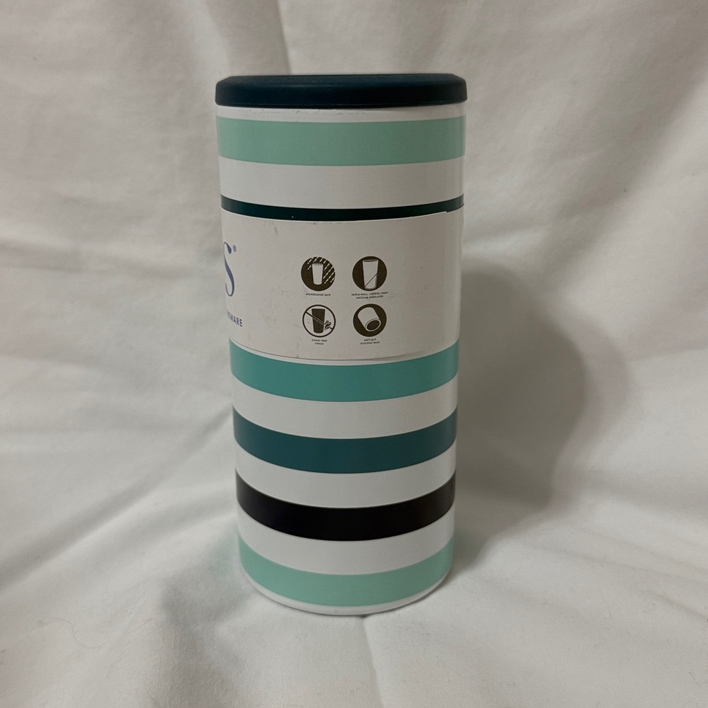 NWT Caus Blue Striped Stainless Steel Drink Tumbler or Can Cooler - Picture 2 of 9